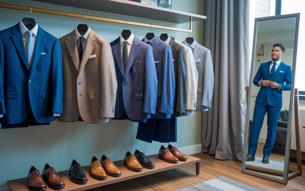 A refined wardrobe display featuring various tailored suits, dress shirts, and shoes suitable for a medical school interview. The setting is a stylish room with a full-length mirror showing an applicant trying on a suit, looking confident and poised. Soft, focused lighting highlights the care and effort put into the preparation process.