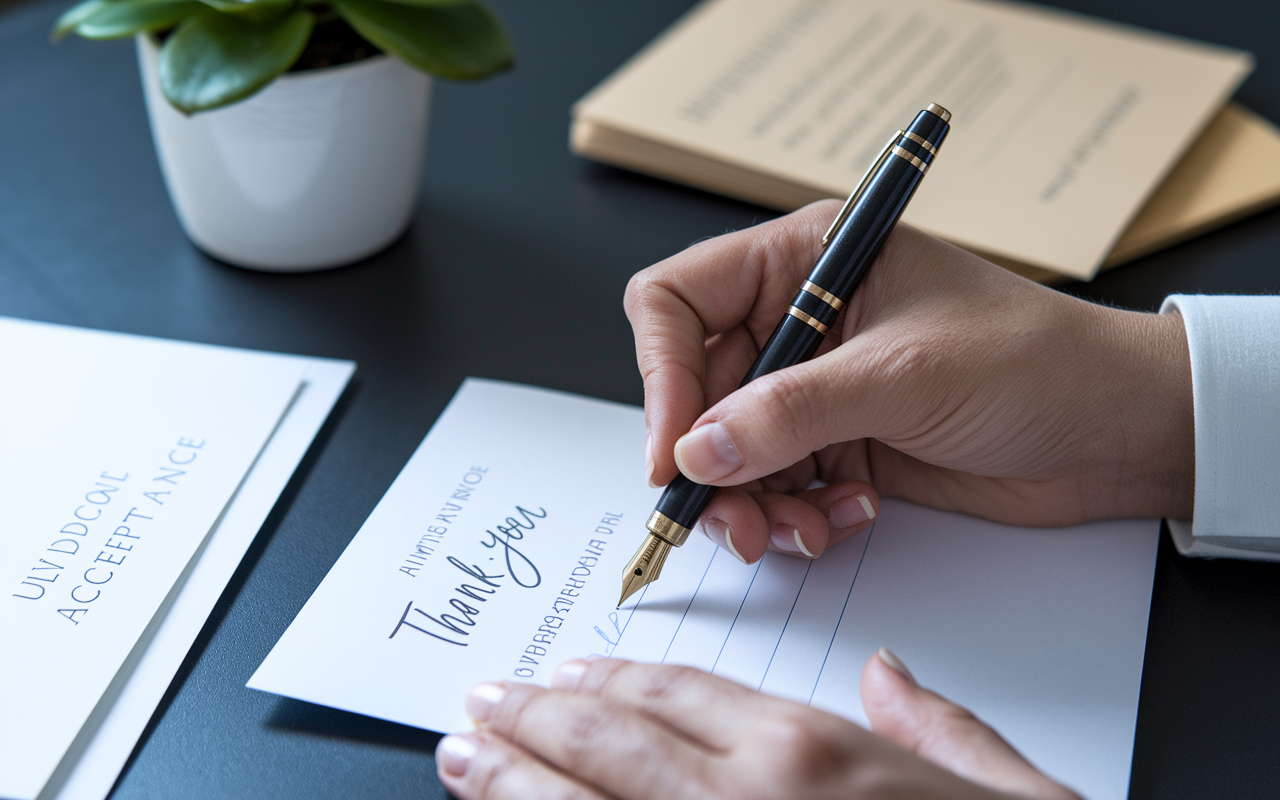 A close-up of a hand writing a thoughtful thank-you note on personalized stationery, with a fountain pen. The background shows an elegant desk adorned with a potted plant and a medical school acceptance letter. The scene embodies sincerity and warmth, emphasizing the importance of expressing gratitude after an interview.