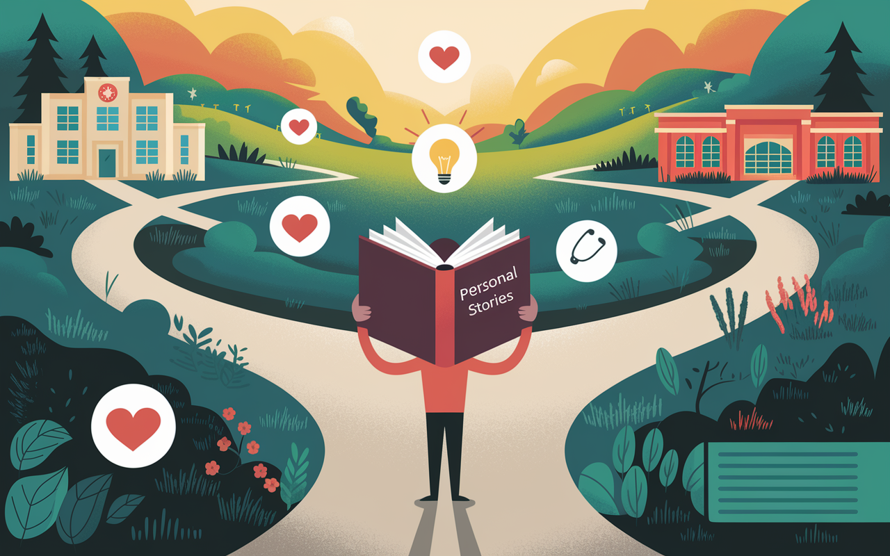 A visually captivating illustration depicting the concept of storytelling as a journey. In the foreground, a figure stands at a crossroads, holding a book labeled 'Personal Stories', surrounded by floating symbols like a heart (empathy), a lightbulb (ideas), and a stethoscope (medicine). The background is a vibrant landscape filled with paths leading to diverse environments: a hospital, a classroom, and a community center, symbolizing various life experiences. The scene is bathed in golden hour light, creating a hopeful and inspiring atmosphere.