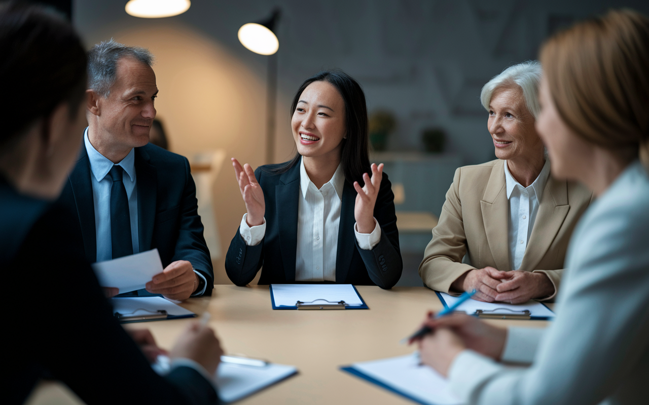 A moment captured during a mock interview, where a candidate passionately shares a personal story. The candidate, a young woman of Asian descent in smart attire, is animated, with expressive body language and a warm smile. The interviewers, a middle-aged man in a suit and an older woman in a blazer, listen intently with engaged expressions, surrounded by clipboards and notepads. The room has a professional yet inviting atmosphere, illuminated by soft overhead lighting.