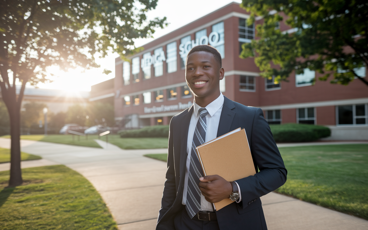 An inspiring visual scene of a successful medical student after a mock interview, standing confidently in front of a building labeled 'Medical School'. The student, a young man of African descent wearing a suit, smiles, holding a folder with his interview notes. Behind him, the setting sun casts a warm glow over the campus, symbolizing hope and achievement. The scene conveys feelings of accomplishment and readiness for the journey ahead.