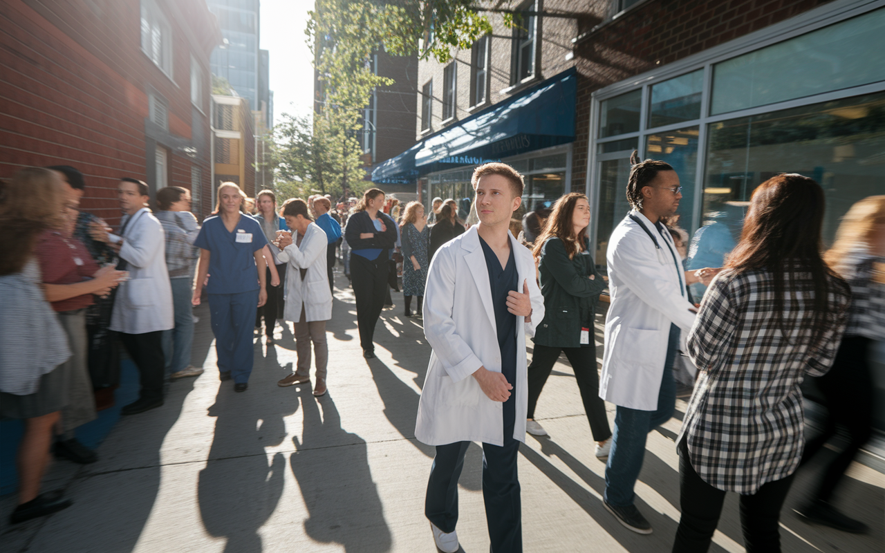 An outdoor scene of a medical student shadowing a doctor in a bustling clinic. The clinic, located in a diverse neighborhood, is filled with patients from various backgrounds interacting with healthcare professionals. The sunlight casts dynamic shadows, and there is a visible energy in the air, portraying the dedication of the medical staff and the challenges of patient care.