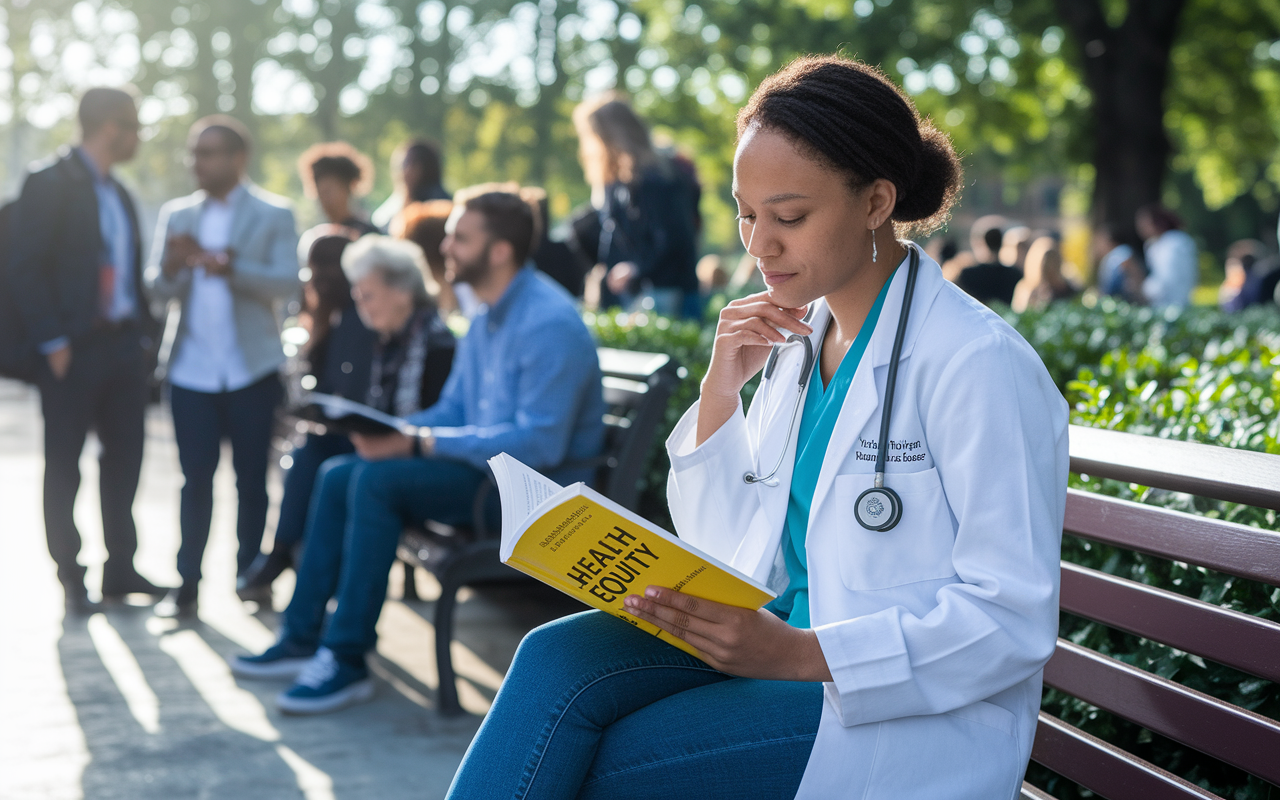 A medical student is sitting on a bench in a park, reading a book about health equity. The scene shows a diverse community around, with interactions that demonstrate empathy and advocacy. The student has a thoughtful expression, portraying their core values of compassion and integrity. Soft afternoon light creates an inviting atmosphere, highlighting the importance of these values in their journey.