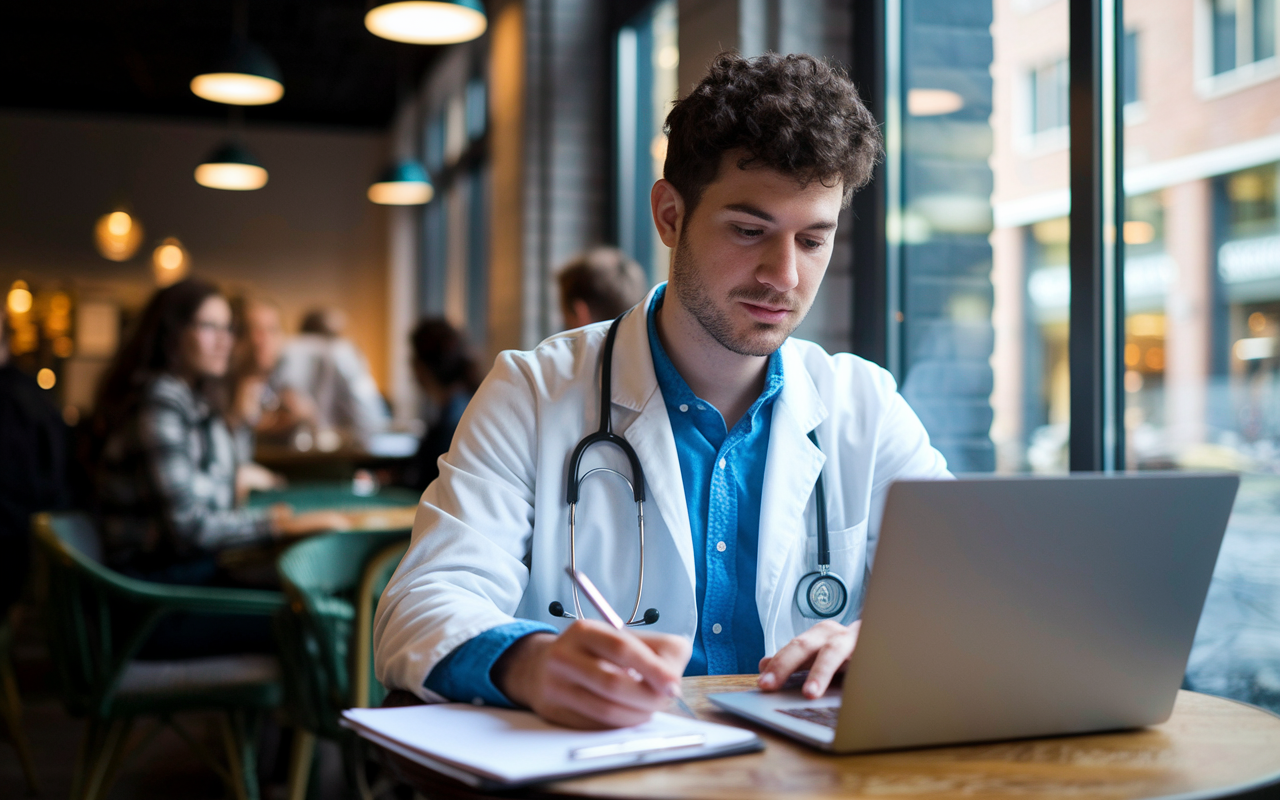 A medical student is sitting comfortably in a cozy café, writing their personal statement on a laptop. The scene shows them immersed in thought, surrounded by a warm atmosphere and the gentle buzz of conversations. The natural light coming through the window accentuates their focused expression, symbolizing authenticity and the personal touch of their writing process.