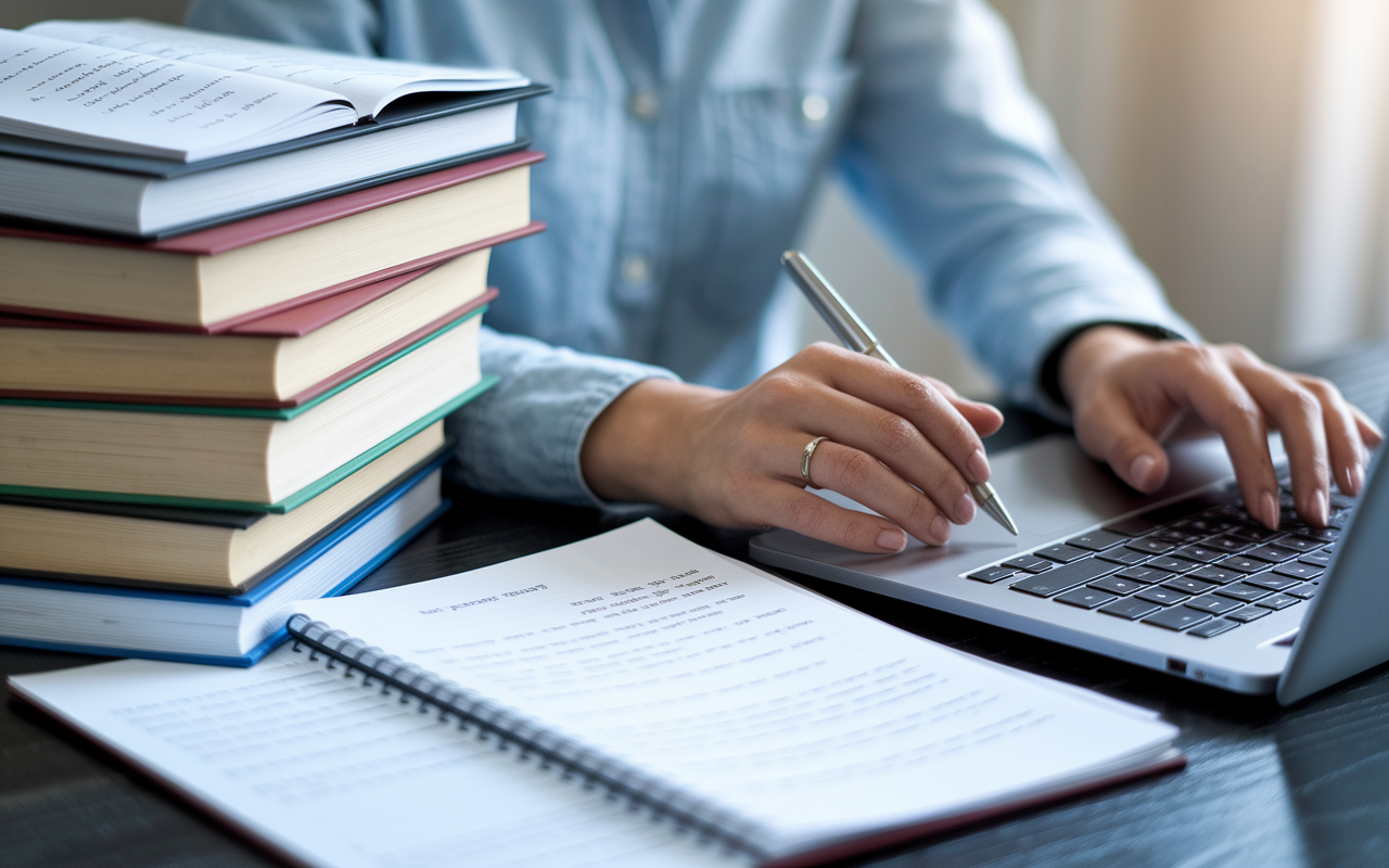 A close-up view of a person's hands on a laptop keyboard, surrounded by a stack of books and papers covered with handwritten notes. A focused expression is visible as they revise their personal statement, demonstrating diligence and attention to detail. The background is softly blurred, emphasizing the student's commitment to perfecting their narrative.