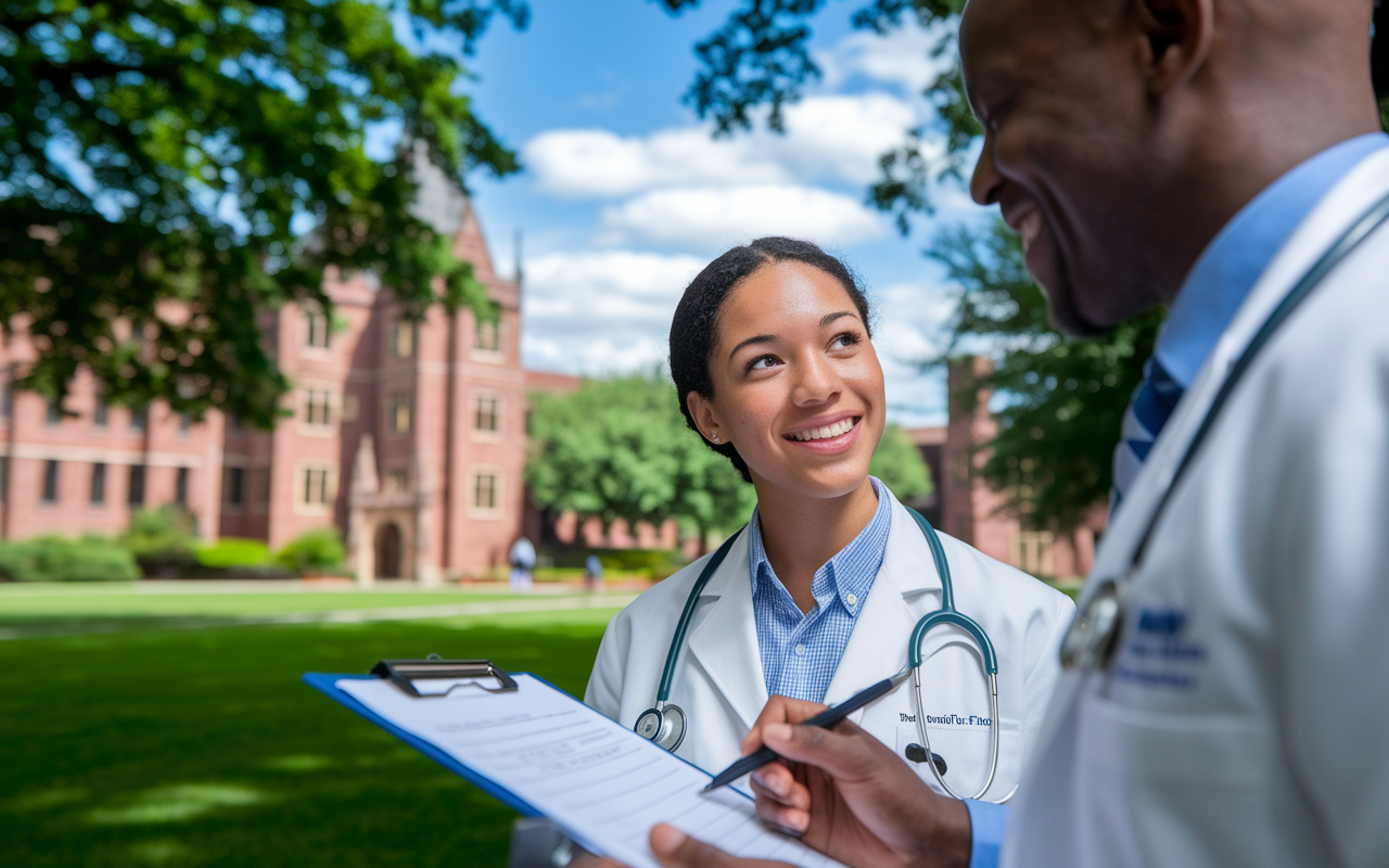 A close-up scene of a medical student engaging with an interviewer during a campus tour. The student looks inquisitive and attentive as they ask an open-ended question, while the interviewer, clipboard in hand, smiles and nods in response. Lush greenery and historical architecture of the campus visible in the background, under a bright blue sky. The atmosphere is warm and friendly, emphasizing rapport and mutual interest.