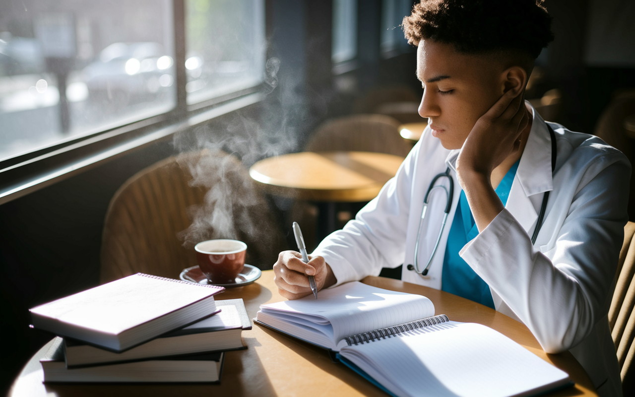 A young medical student seated at a cozy café table surrounded by books and notes, deep in thought as they craft insightful questions for an upcoming medical school interview. A steaming cup of coffee sits nearby, and the sunlight streams in through the window, casting a warm glow over the scene. The atmosphere is calm and focused, highlighting preparation and dedication.