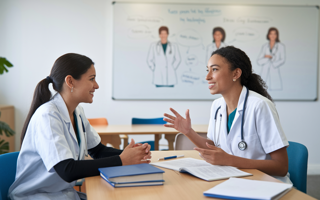 A pair of medical students engaged in a mock interview practice session in a bright study room. One student is seated across a table dressed in professional attire, actively listening, while the other stands, speaking passionately about their experiences. Books and papers are scattered on the table, and a whiteboard in the background illustrates key interview techniques. The atmosphere is supportive and motivating, filled with a sense of camaraderie and determination.