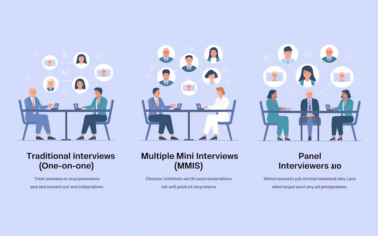 A visual chart or infographic depicting different medical school interview formats: Traditional Interviews (one-on-one), Multiple Mini Interviews (MMIs) with short structured stations, and Panel Interviews with multiple interviewers. Each format is illustrated with relevant icons and brief descriptions, set against a clean, educational background that conveys professionalism and preparation.