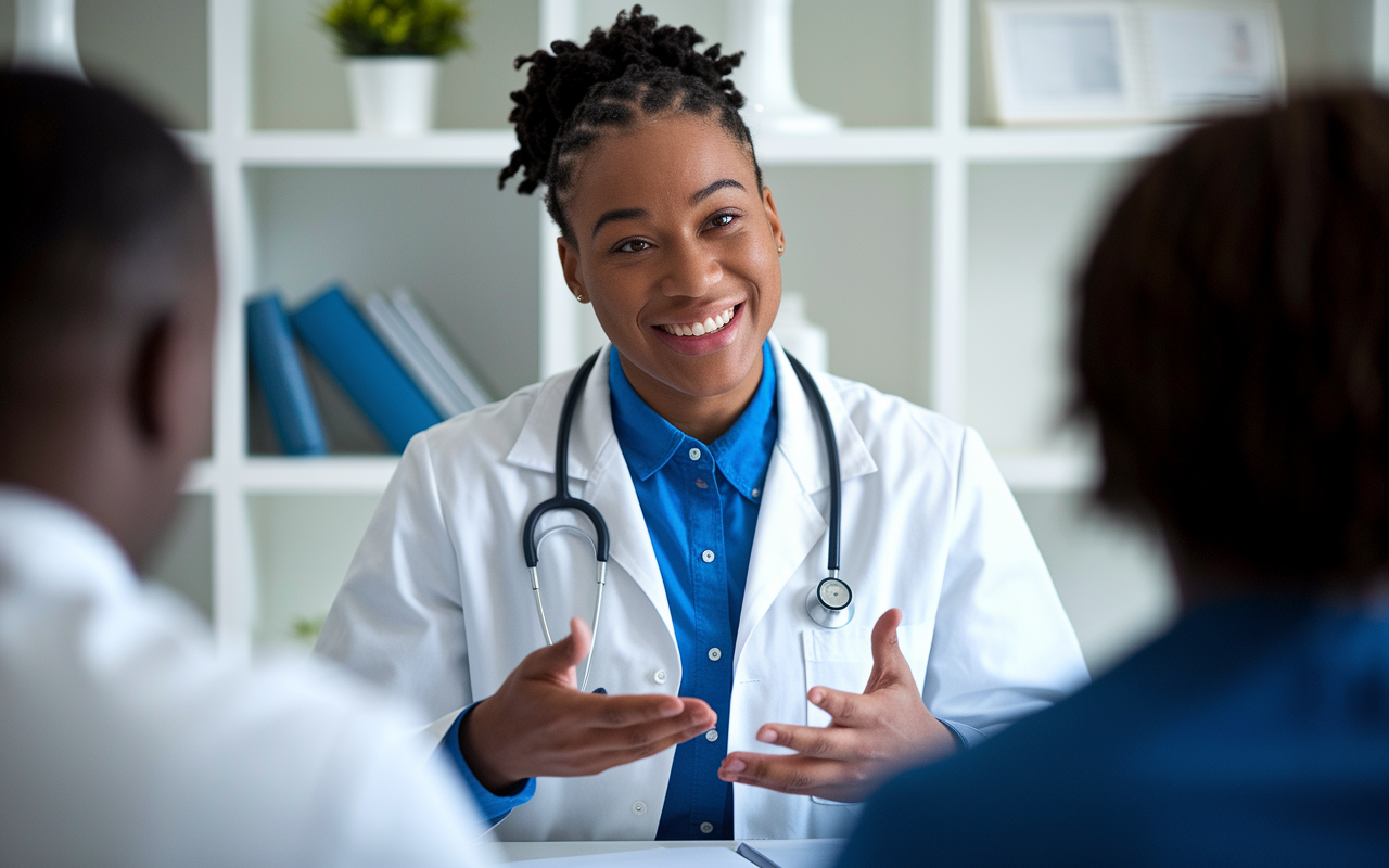 An inspiring scene of a medical school candidate sharing their personal narrative during an interview. The candidate, with a warm smile, is seated in front of a panel of interviewers in a brightly lit room. Visual emphasis on facial expressions showcasing confidence and passion. The background features medical-related decor, such as stethoscopes and medical books, creating an inviting atmosphere for discussion.