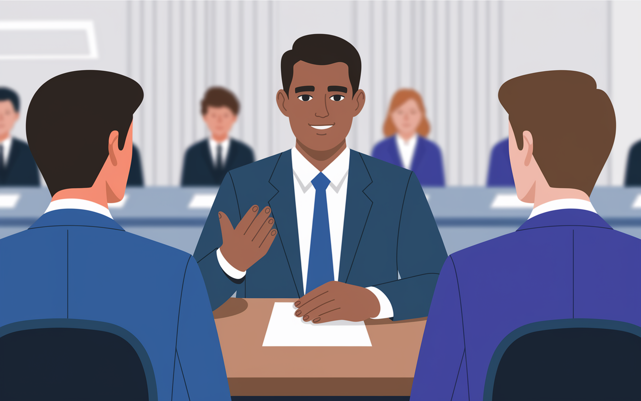 An illustrative scene highlighting the importance of body language during a medical school interview. The focus is on a candidate sitting confidently across from interviewers, demonstrating good eye contact, relaxed posture, and confident hand gestures. The background features a subtle blur of an interview setting, emphasizing the candidate's engagement and positive demeanor.