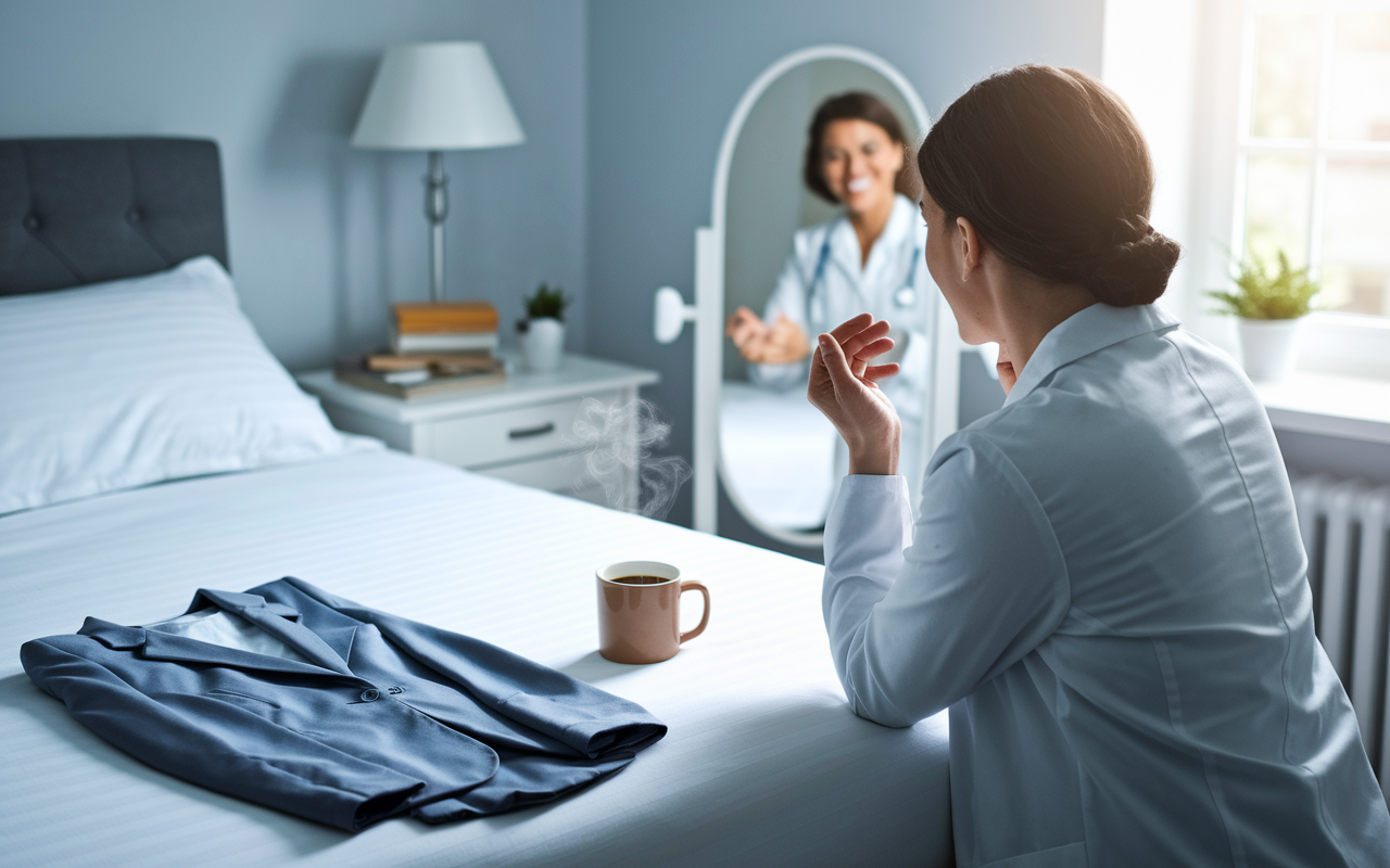 A serene morning scene depicting a medical school candidate preparing for their interview. The setting includes a tidy bedroom with a neatly organized outfit laid out on the bed, along with a steaming mug of coffee on a nightstand. The candidate is looking in the mirror, practicing their smile and body language, exuding calm confidence. Soft morning light filters through the window, symbolizing hope and anticipation.