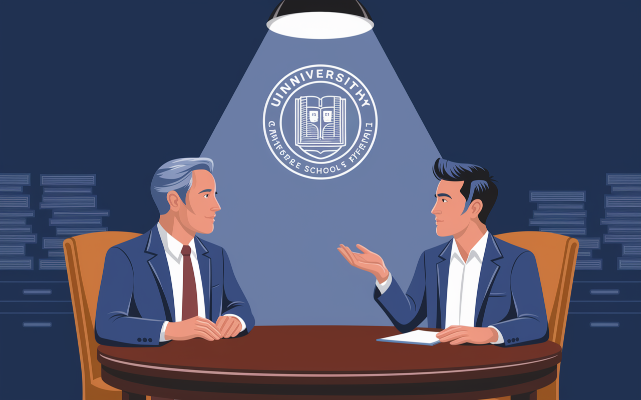 An engaging illustration of an interviewer and a medical school candidate in a formal interview setting. The interviewer, a middle-aged man in a suit, sits behind a polished wooden table, listening intently. The candidate, a young man in a blazer, looks confident yet slightly nervous as he answers a behavioral question, gesturing with his hands. The background shows a university emblem on the wall, with stacks of files hinting at the context of an aspiring physician's interview. A spotlight above creates dramatic yet professional lighting.