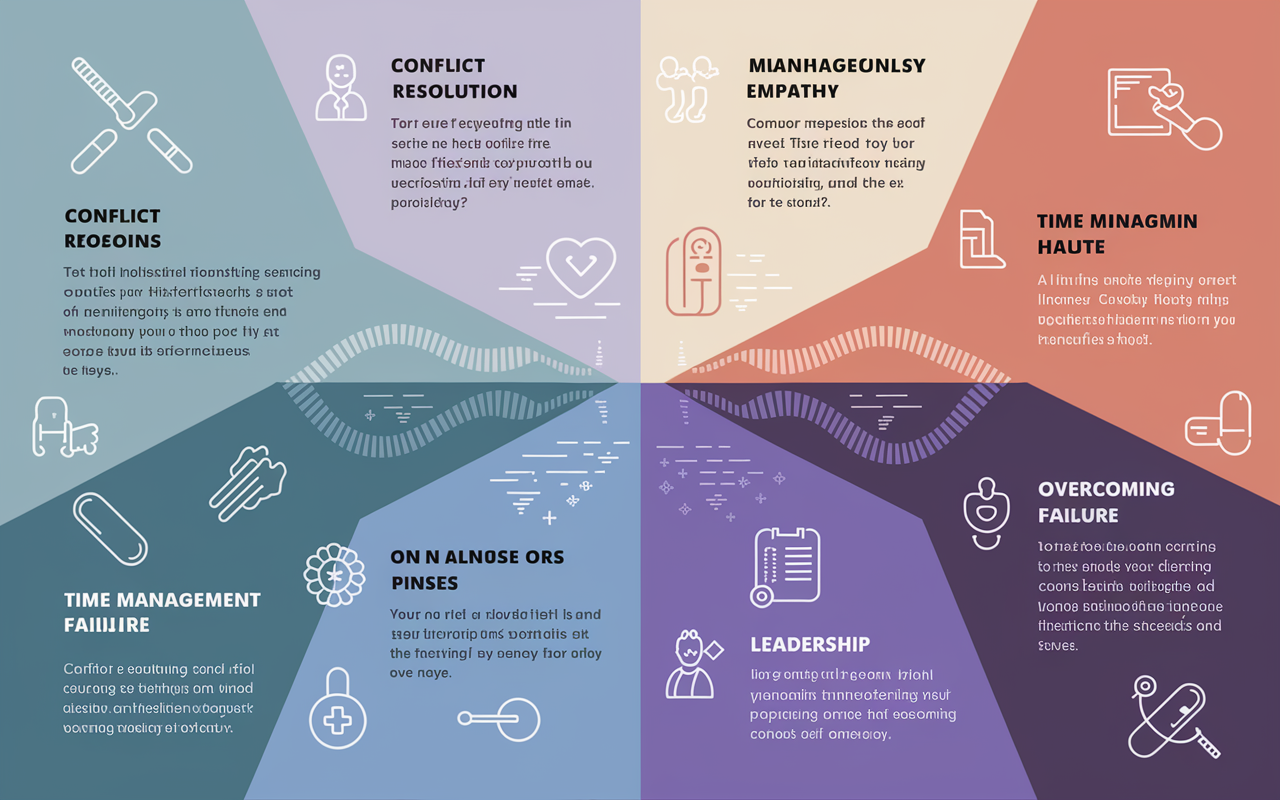 A visually appealing infographic listing common behavioral interview questions for medical school, arranged in an engaging format. Each question is paired with an icon representing its theme—conflict resolution, empathy, time management, leadership, and overcoming failure. The background is a soft gradient, symbolizing the journey of aspiring medical professionals, incorporating subtle medical motifs like stethoscopes and DNA strands for context.