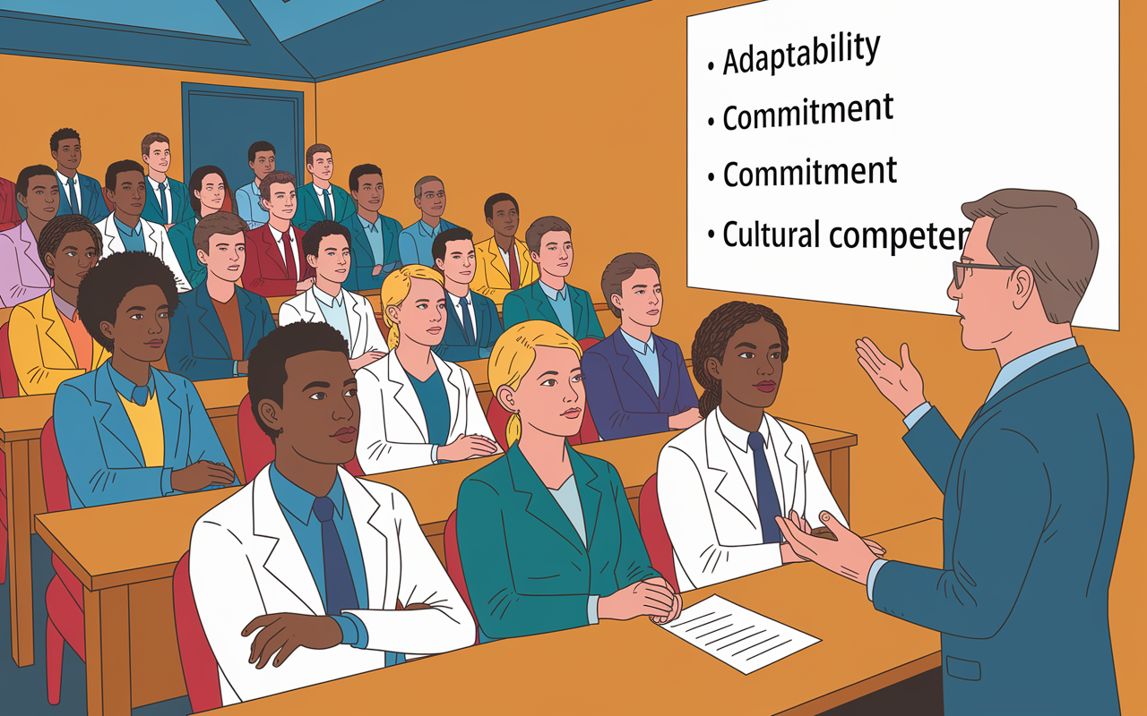 A motivational scene depicting a group of diverse medical school interview candidates gathered in a well-lit auditorium. Each candidate displays contemplation and determination as they listen to an instructor giving a lecture on what medical schools desire. The instructor, appearing knowledgeable, gestures to a presentation slide displaying keywords like 'Adaptability', 'Commitment', and 'Cultural Competence'. The environment is supportive and inspiring, with a sense of camaraderie among candidates.