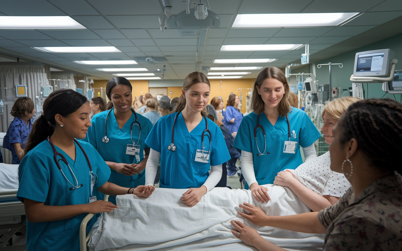 A scene depicting several medical students in scrubs, actively engaging with patients in a hospital ward. The atmosphere is bustling with nurses and doctors, bright overhead lights illuminating the room. The students are practicing compassion and professionalism as they take a patient's history, showcasing their dedication to providing care. Emotional expressions and diverse patient interactions highlight the immersive experience of clerkships.