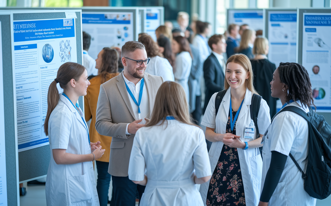 A group of medical students and attendings engaging in a lively discussion at a medical conference, surrounded by posters detailing medical research. The students, dressed in formal and casual attire, are exchanging insights and ideas with enthusiasm. Bright lighting and an inviting atmosphere enhance the dynamic environment of networking within the medical community.