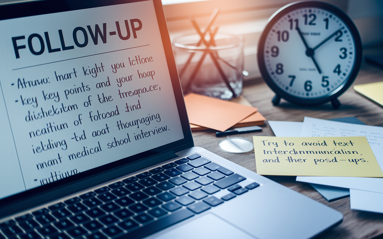 A close-up of a laptop screen displaying a neatly written follow-up email draft, illuminated by soft warm light. The email highlights gratitude and key points discussed during a recent medical school interview. Scattered stationery, an encouraging note, and a clock showing 48 hours post-interview are in the frame, depicting the timely and thoughtful nature of follow-ups. The scene conveys a sense of urgency and professionalism, emphasizing the importance of communication.