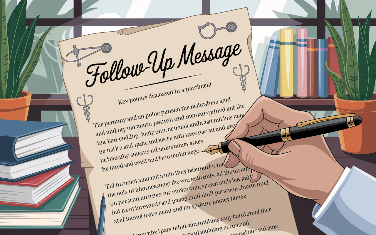 An artistic layout of a personalized follow-up message on parchment paper, with elegant handwriting and a fountain pen. The letter features key points discussed in a medical interview, adorned with a few illustrations of medical symbols like stethoscopes and caduceus. The background is softly blurred, showcasing a serene study space with books and plants, creating a reflective and thoughtful atmosphere.