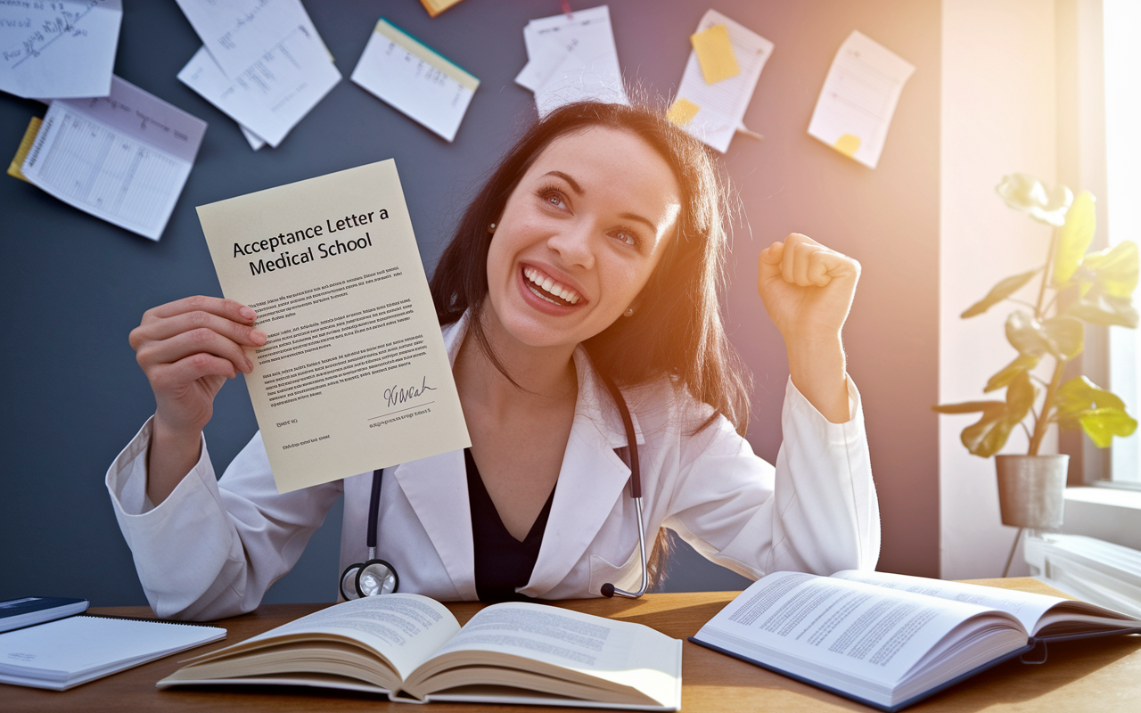 A vibrant scene depicting a young woman, Anna, in a celebratory pose, holding her acceptance letter from a prestigious medical school. In the background, her desk is adorned with notes and open books that represent her hard work. The joy and excitement radiate in her expression, with warm sunlight pouring through a nearby window, symbolizing a bright future ahead. This emotional moment captures the success stemming from thoughtful and timely follow-up after an interview.