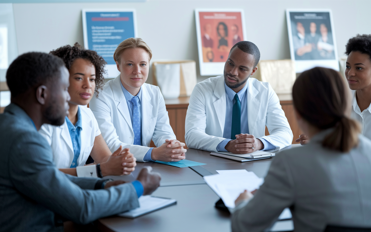 A thoughtful and diverse group of medical school interviewers in a well-lit conference room engaging with candidates of various backgrounds. Each interviewer, representing different cultures and genders, is seen attentively listening to a candidate as they express their views on cultural competency. The setting reflects professionalism and openness, with educational materials on cultural diversity displayed around the room.