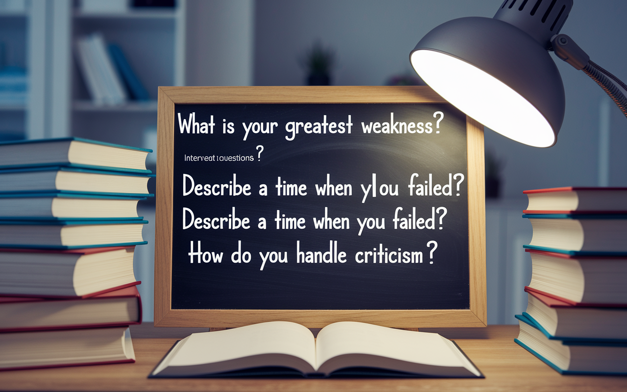 A visual representation of common tough medical school interview questions illustrated on a chalkboard. Questions like 'What is your greatest weakness?', 'Describe a time when you failed?', and 'How do you handle criticism?' are neatly handwritten. The scene captures a focused atmosphere within a study room, with medical books stacked on the side, a warm ambiance from a desk lamp lighting up the board.