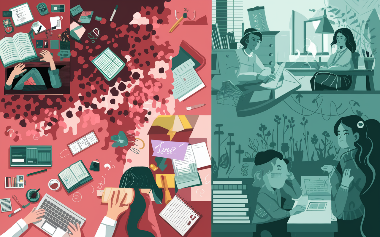 A montage depicting the journey of a student overcoming time management struggles. Images include a cluttered desk transforming into an organized workspace, alongside visuals of setting schedules, working on group projects, and enjoying newfound calmness. The colors transition from chaotic reds to calming greens, symbolizing growth through dedication and resilience.