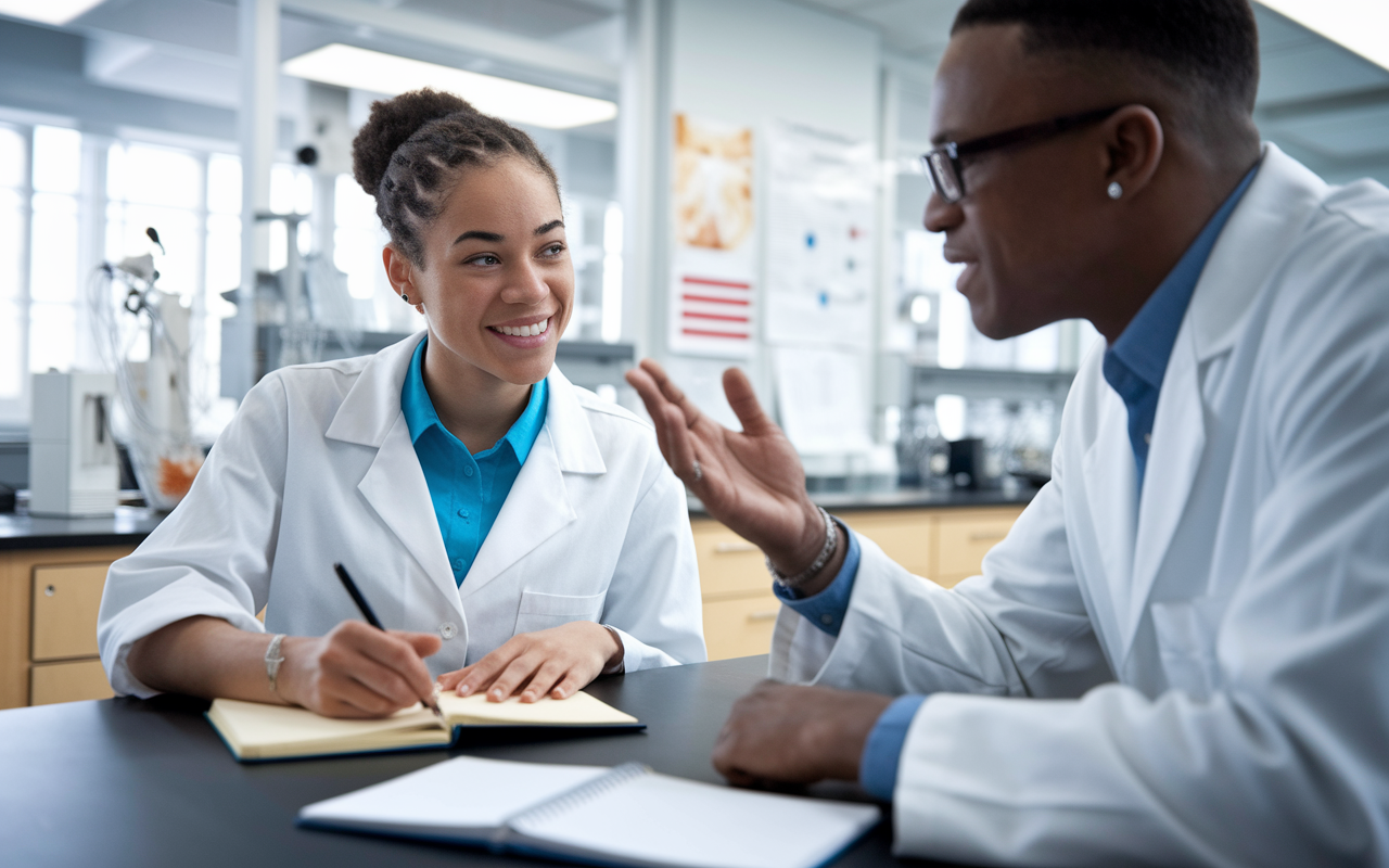 An inspiring scene of a student in a research lab reflecting on constructive criticism received from a mentor. The mentor gestures expressively while the student takes notes in a notebook with a renewed sense of purpose. The background features lab equipment and charts, highlighting a collaborative and supportive research environment, under bright, motivating lighting.