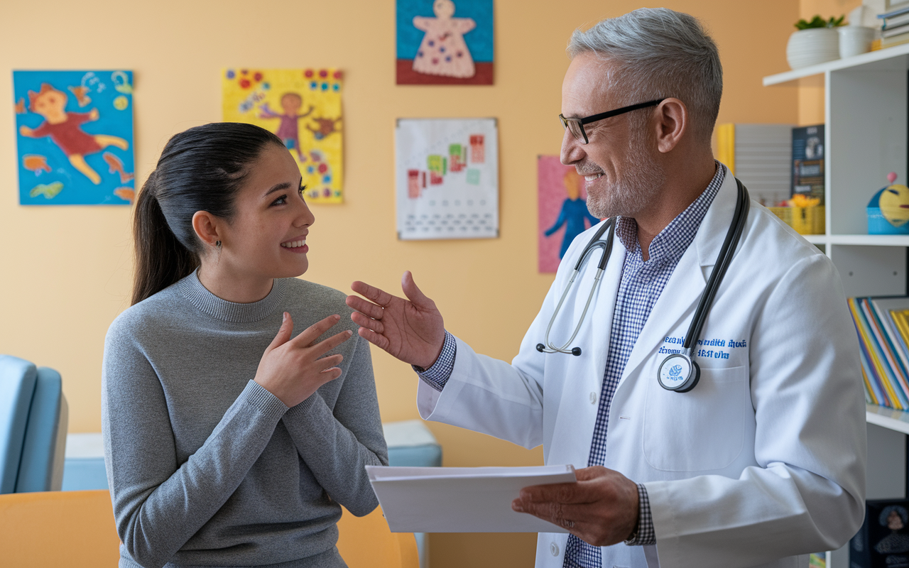 An inspiring scene depicting a young medical student discussing career ambitions with an experienced pediatrician in a warmly lit clinic. The two are engaged in a heartfelt conversation, surrounded by colorful children's art on the walls. Charts of child growth and health are visible, along with medical books on the shelves. The atmosphere is friendly and supportive, radiating mentorship and guidance.