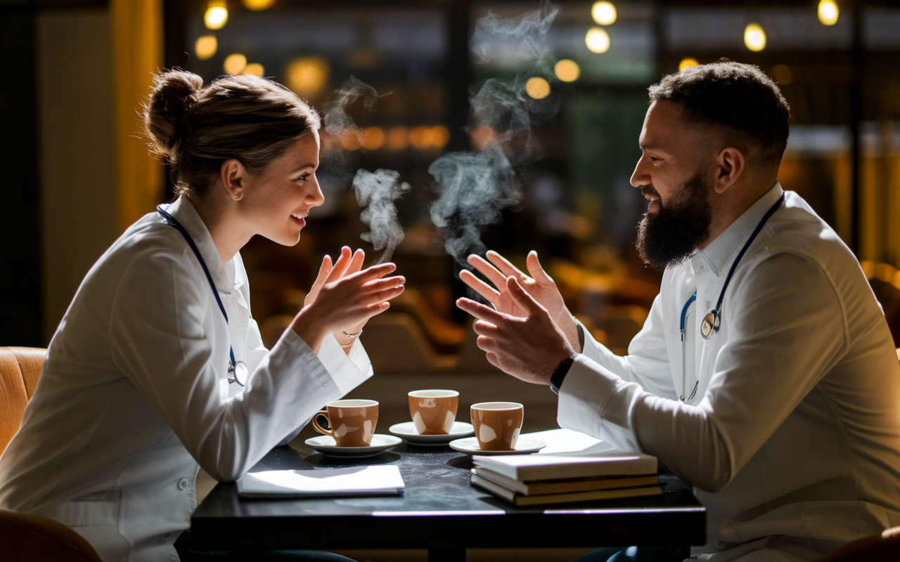 A cozy coffee shop setting where a medical student is making an effort to connect with their mentor. The two are sitting at a small table, deep in conversation amidst steaming cups of coffee. The warm lighting casts a comforting atmosphere, as books and notes are spread out in front of them. The student shows enthusiasm while the mentor listens attentively, symbolizing the building of a strong and meaningful relationship.