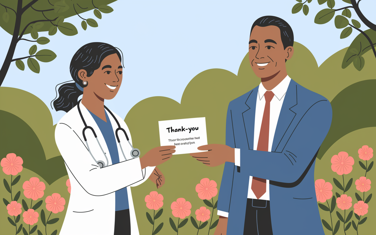 A vibrant scene portraying a grateful medical student handing a handwritten thank-you card to their mentor in a serene garden setting. The mentor is pleasantly surprised, smiling warmly against a backdrop of blooming flowers. This illustration captures the essence of appreciation and the importance of nurturing mentor-mentee relationships through sincere gratitude.