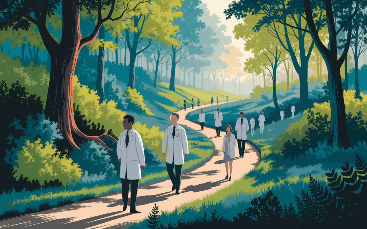 A metaphorical representation of a winding path through a lush forest, illustrating the journey of mentorship in medicine. The path is flanked by various mentors depicted as diverse figures in white coats, guiding students along their journey. Soft, dappled sunlight filters through the trees, symbolizing hope and the importance of guidance in achieving medical aspirations.