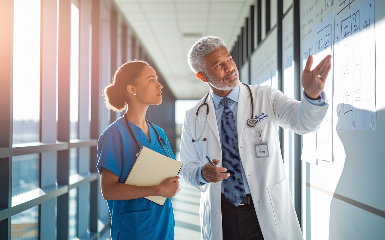 An experienced mentor, a distinguished older physician with silver hair, is seen guiding a young medical student in a bright hospital corridor. They are discussing a medical case, with a whiteboard filled with diagrams and notes in the background. The student, looking eager and curious, holds a notebook while the mentor gestures toward the board, illustrating a point. Sunlight streams through large windows, casting a warm glow and illuminating their focused expressions, symbolizing learning and professional growth.