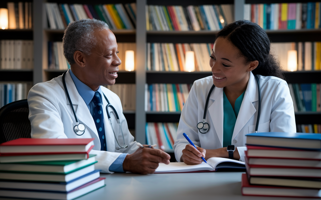 A mentor and mentee are in a cozy study room, surrounded by stacks of medical textbooks and journals. The mentor, a middle-aged professional, is seated at a desk, engaged in deep conversation with a medical student who is enthusiastically taking notes. The atmosphere is warm and nurturing, with gentle ambient lighting creating a sense of safety and support. Both individuals display expressions of encouragement and determination, showcasing the commitment to student development.