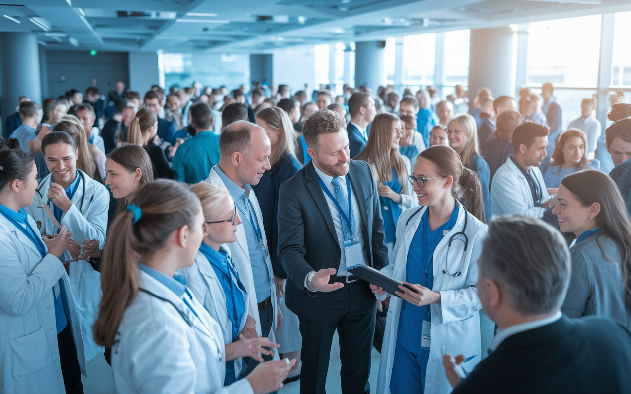 A vibrant networking event in a modern conference hall, bustling with healthcare professionals and medical students. Various groups are engaged in animated discussions, with key medical figures sharing insights. In the foreground, a mentor is introducing a student to a prominent physician, symbolizing the power of connections. The room is filled with light, and the atmosphere is dynamic and encouraging, highlighting the importance of networking in the medical field.