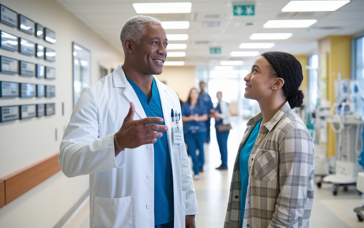 An experienced medical mentor, dressed in a white lab coat, converses with a young applicant in a bright hospital setting. The mentor gestures towards a wall filled with accolades and awards, symbolizing credibility. There are medical equipment and patient care charts in the environment, enhancing the professional atmosphere, as the applicant listens intently, looking hopeful and engaged.