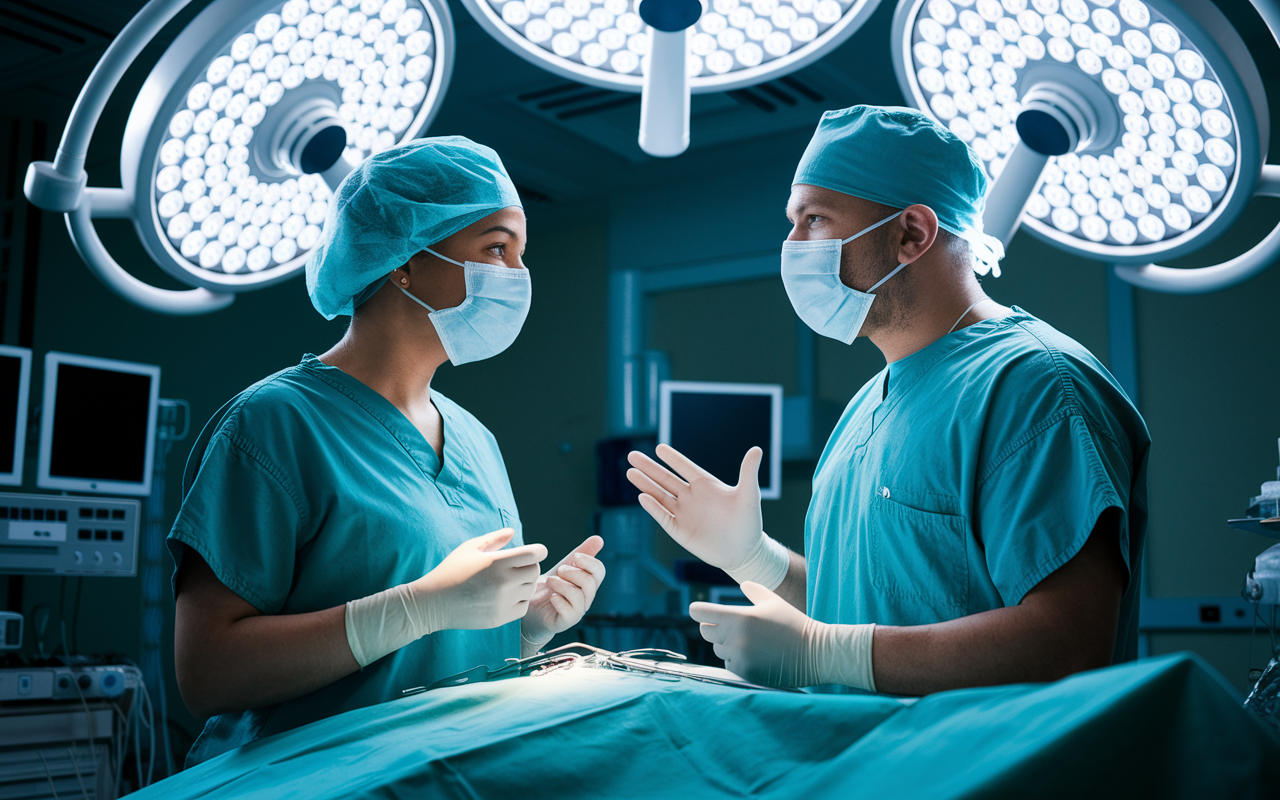 A surgical resident in scrubs discussing career goals with a seasoned surgeon in an operating room, surrounded by high-tech medical equipment. Both individuals are engaged in a serious conversation, highlighting the alignment in their career paths. The atmosphere is intense yet supportive, with surgical lights brightening the scene, symbolizing focus and clarity.