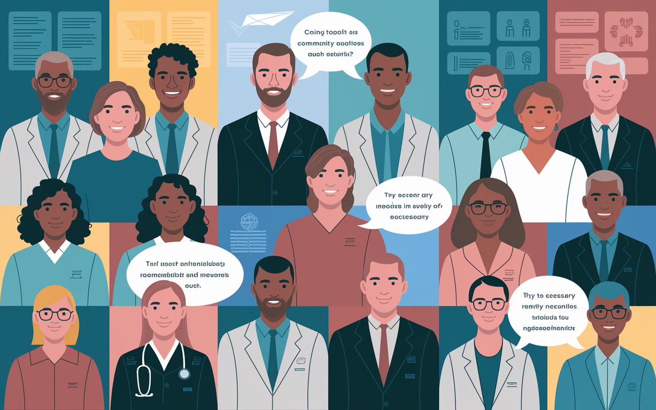 A collage of diverse individuals representing different fields—academic, clinical, and community service—coming together in a harmonious setting, each expressing unique insights about a candidate. The backdrop includes visuals of various activities such as mentoring sessions, community involvement, and academic discussions, emphasizing the richness of experience.