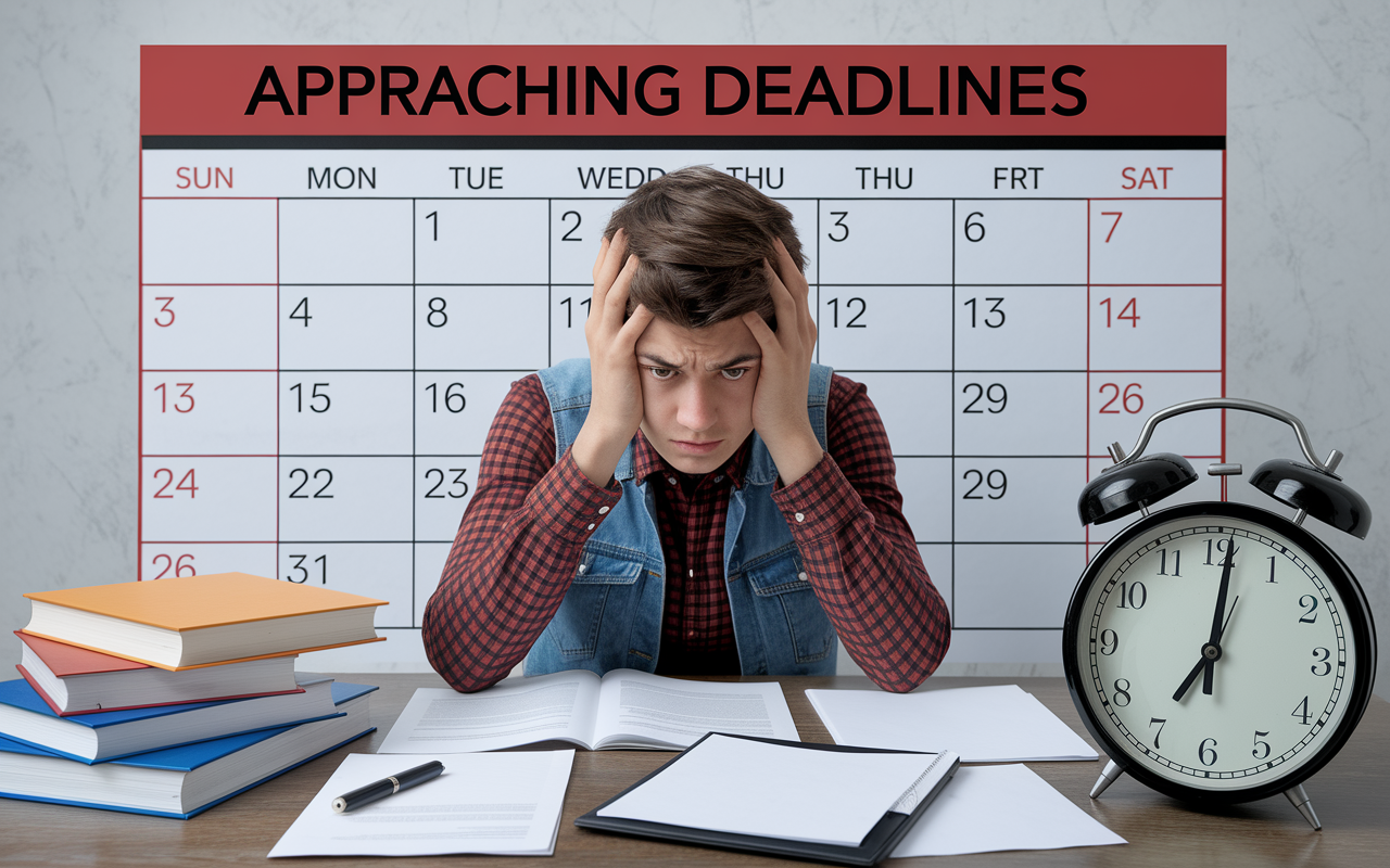 A worried student sitting in front of a calendar that shows approaching deadlines, surrounded by study materials and drafts of letters. The scene is filled with an atmosphere of urgency, with the student holding their head in their hands while looking at a clock, symbolizing the importance of time management in the mentorship process.