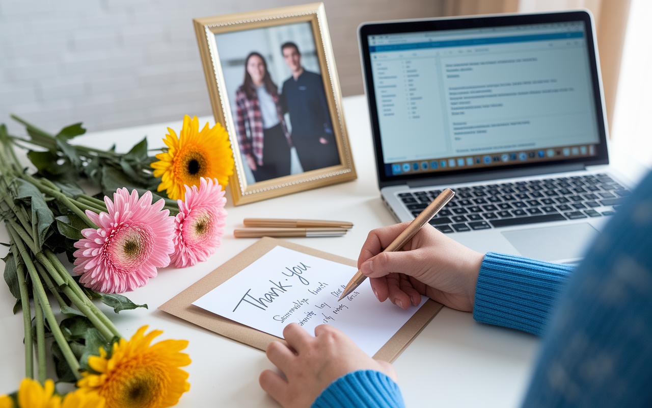 A grateful student writing a thank-you note surrounded by fresh flowers and a laptop displaying a submitted application. The scene is bright and cheerful, conveying appreciation and positivity. A framed photo of the student with their mentor is visible, symbolizing a strong mentor-mentee bond.