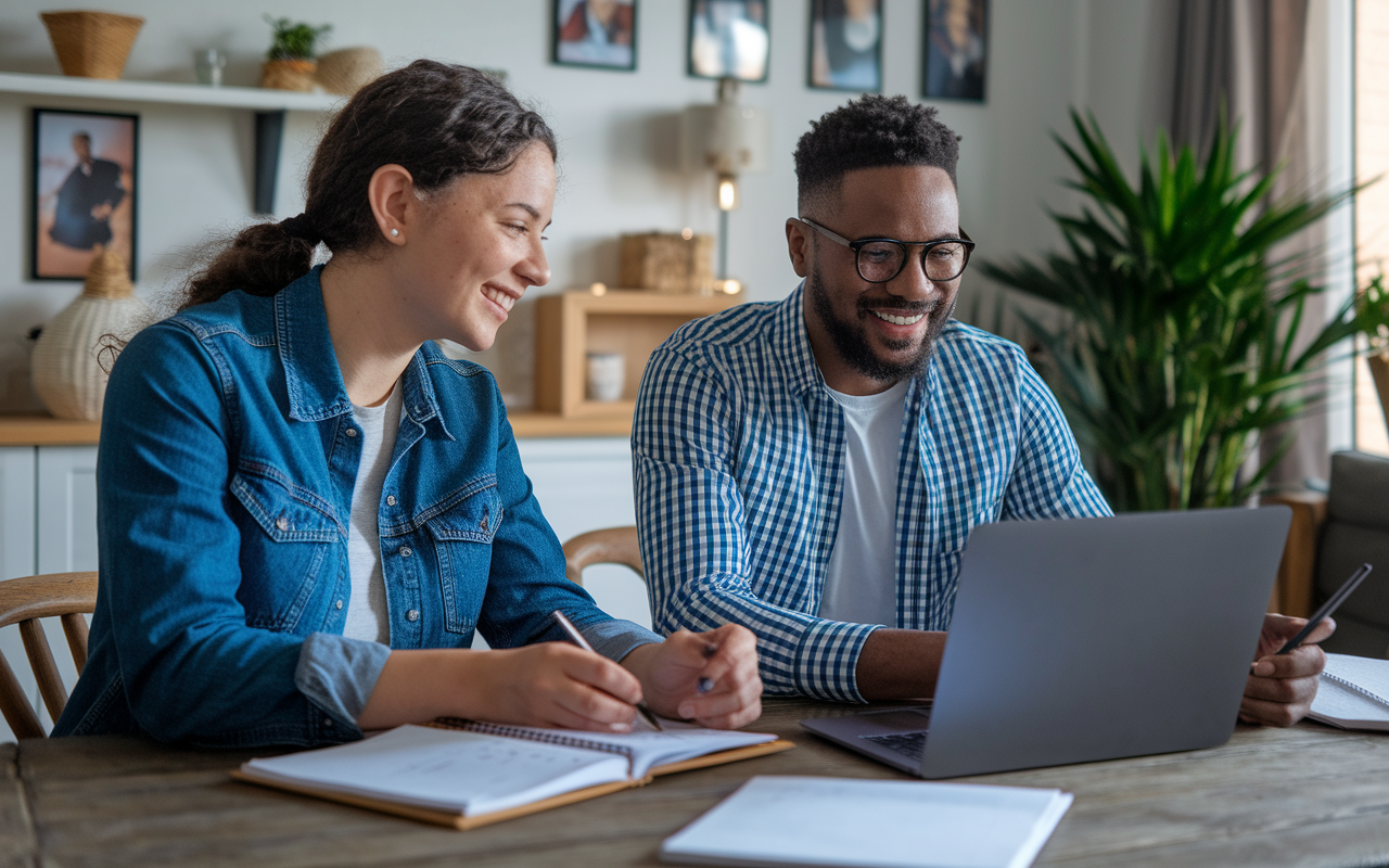 A student and their mentor using video conferencing to discuss career aspirations and academic progress. The scene features a cozy home office with personal touches and a laptop, creating an intimate atmosphere for ongoing mentorship. Both participants appear engaged and supportive, highlighting the importance of sustained communication.