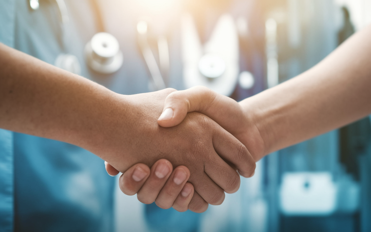 A symbolic representation of trust and growth within a mentor-mentee relationship. The image features a close-up of two hands, one older and experienced, the other younger and eager. The background depicts elements of a medical setting, with soft filtered light creating a serene ambiance. The hands are positioned as if in a supportive handshake, symbolizing mutual respect and commitment to personal and professional growth.