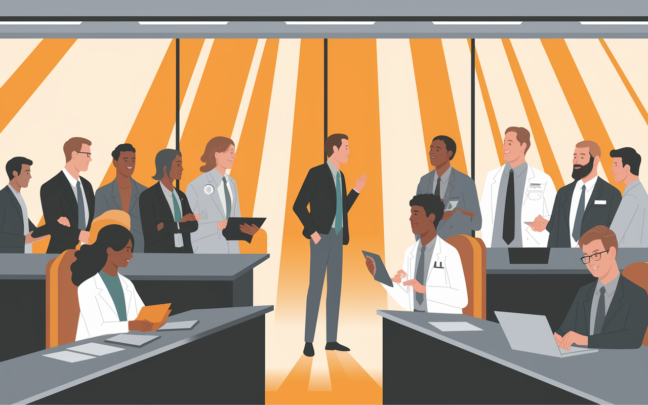 A visual metaphor illustrating the search for the right mentor. The backdrop features a diverse group of professionals in a modern conference room, with one individual carefully assessing a few potential mentors. Sunlight streams through large windows, symbolizing hope and opportunity. Each mentor is depicted engaging with mentees, showcasing various fields in medicine, creating an atmosphere of choice and alignment.