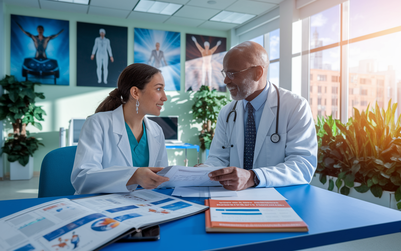 An engaging scene of Sarah, a determined pre-med student, in a bright hospital office with Dr. Johnson, her mentor. They are discussing a medical research project, with charts and medical journals spread out on the table. The room is filled with inspirational medical images on the walls, vibrant plants near the window, and sunlight spilling in, symbolizing growth and enlightenment.