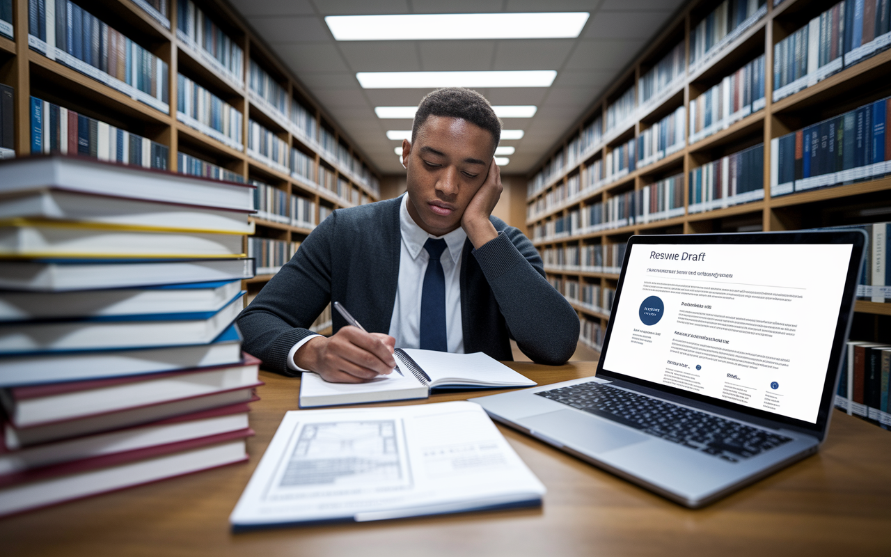 An earnest student sitting at a library table, surrounded by stacks of books and papers, reflecting on their academic journey. The lighting is bright and focused, highlighting the student’s determined face as they jot down notes and categorize their achievements in a notebook. A laptop is open to a professional-looking resume draft, with a few diagrams and accolades visible. The scene embodies preparation and contemplation, embodying the essence of personal growth and readiness to reach out for mentorship.