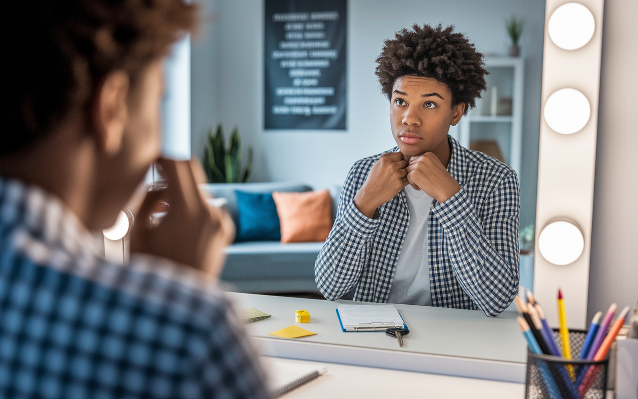 A young person practicing their request for a recommendation letter in front of a mirror, displaying a mix of confidence and apprehension. The room is softly lit, with a motivational poster on the wall reflecting themes of growth and achievement. The reflection shows a determined expression, while notes and keys for a structured request are visible on the nearby desk, symbolizing preparation and self-assurance.