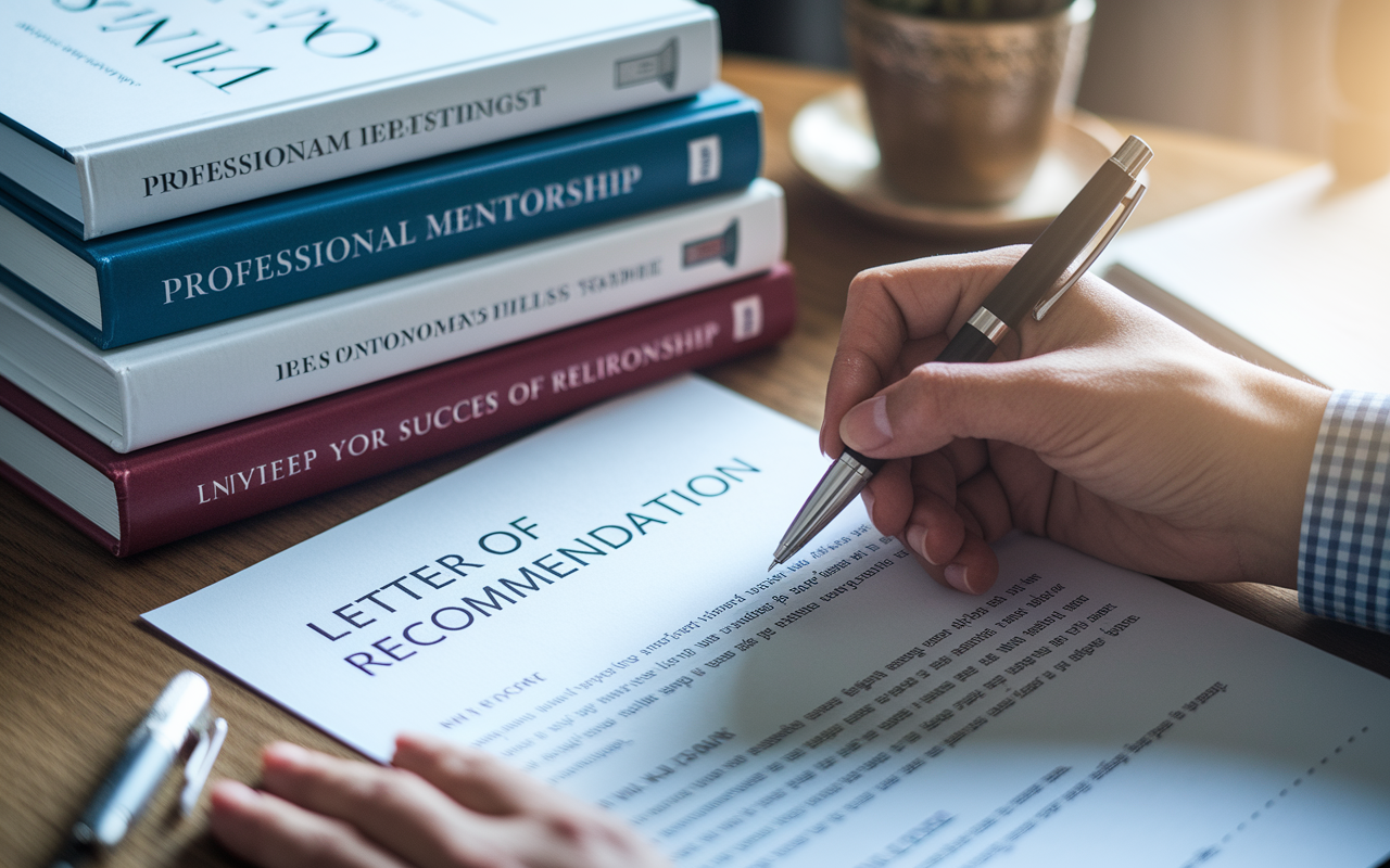 A photo featuring a close-up of a letter of recommendation being written by a mentor in a thoughtful pose. The mentor's hand is holding a pen, and the paper displays phrases emphasizing personalization, substantiated claims, and depth of relationship. A stack of books about professional mentorship and success are scattered around the workspace, which is illuminated by warm lighting, creating a focused, inspiring environment.