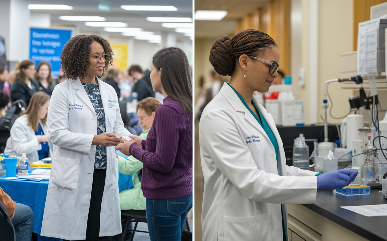 A split scene featuring two vignettes: on the left, Dr. Wilson mentoring Sarah, standing amidst a vibrant health fair with patients and volunteers interacting in the background, capturing her dedication to public health; on the right, Dr. McAllister observing Anna in a lab setting surrounded by complex equipment and research data, highlighting Anna's commitment and determination in advancing medical knowledge. The lighting in both scenes is bright and professional, conveying an atmosphere of growth and mentorship.