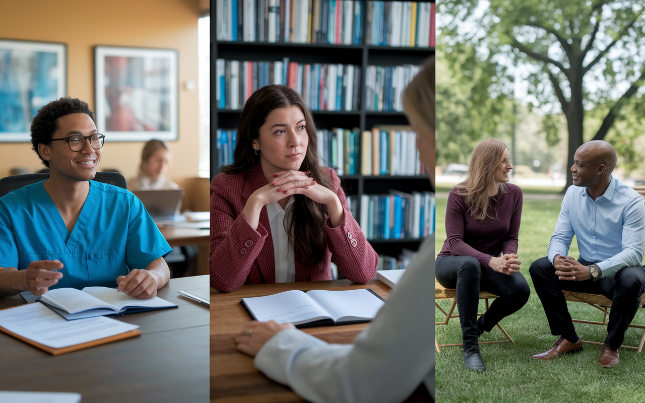 A visual representation of a candidate meeting with three different mentors, each in unique settings: a clinical office with medical charts, a cozy academic office filled with books, and an outdoor mentorship discussion in a park. The candidate appears engaged and attentive as they evaluate their options, with expressions of thoughtfulness and determination, under soft, natural lighting that conveys a sense of possibility.