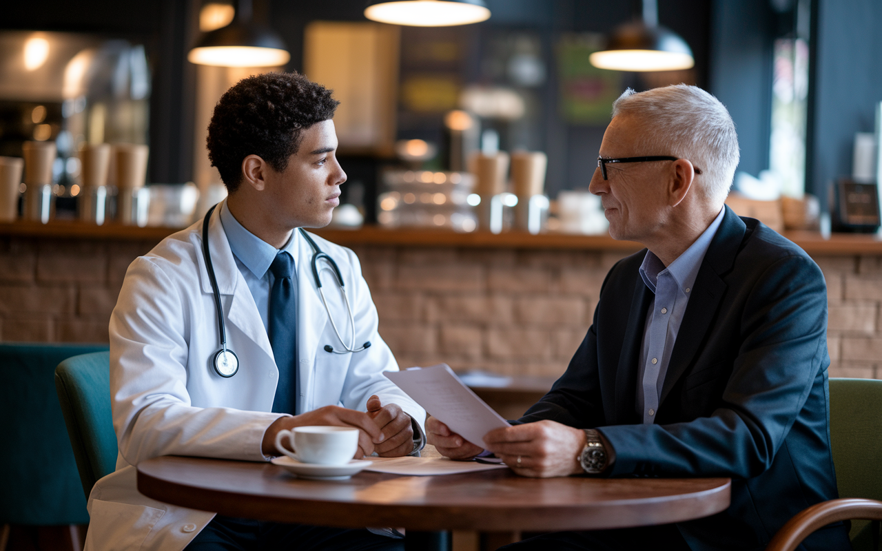 A warm scene of a medical student sitting at a coffee table in a vibrant café with a respected mentor, engaged in a serious yet friendly conversation about letters of recommendation. The background has elements like coffee cups and academic papers, symbolizing dedication and ambition, under soft lighting that creates an intimate atmosphere.